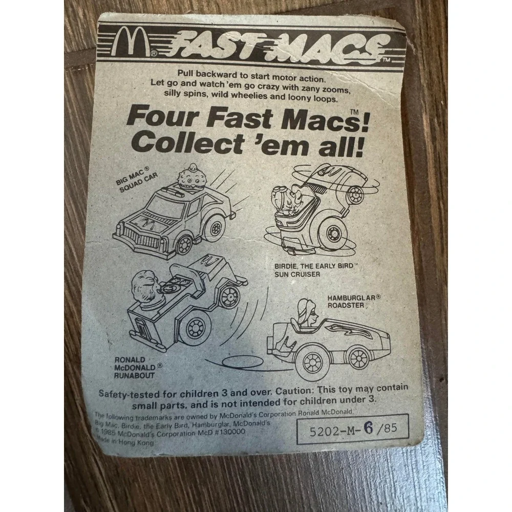 Vintage 1985 McDonald's Fast Macs Ronald McDonald Runabout Pull Back Toy Car NIB